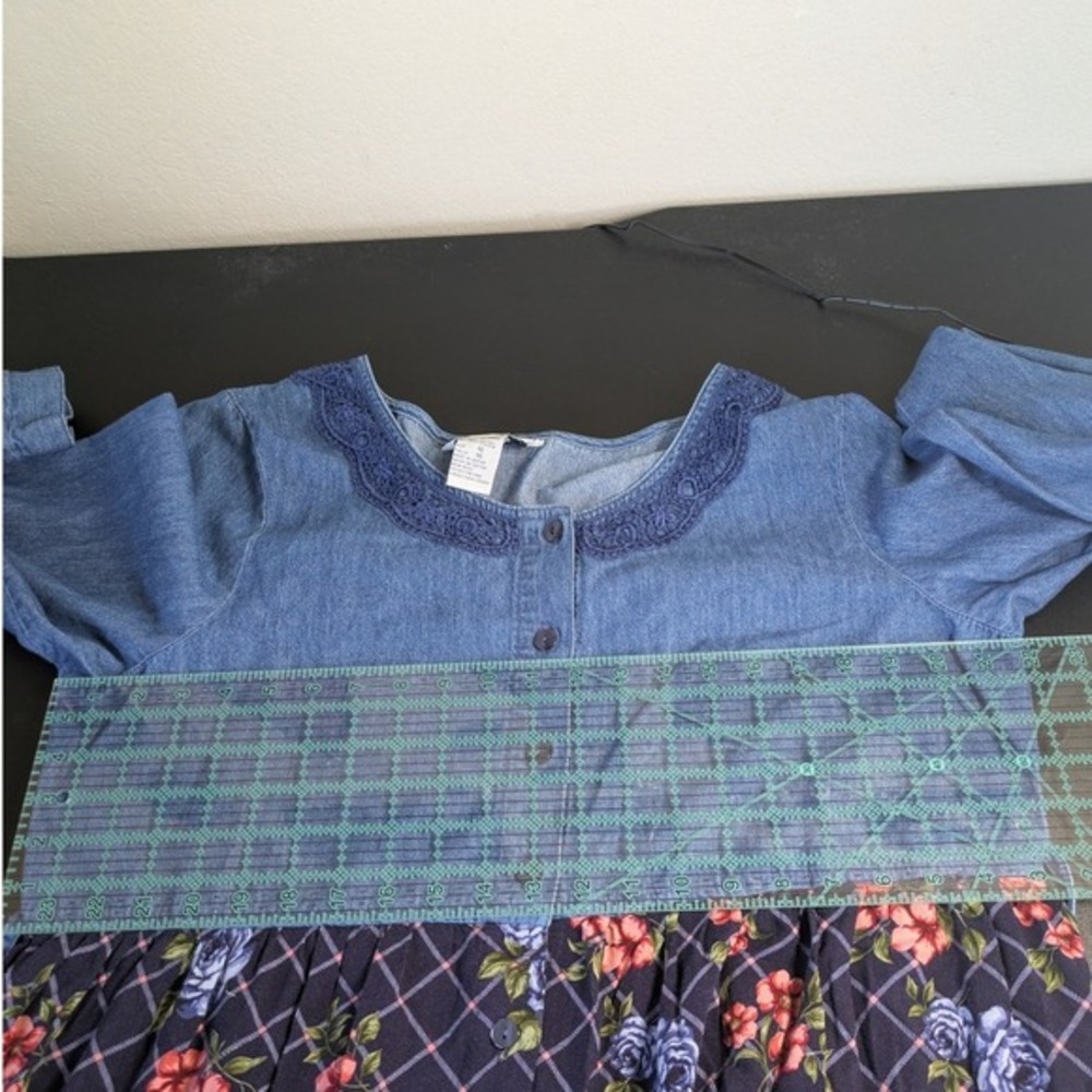 Vintage 90s Cottagecore Maxi Dress XL Denim Floral Plaid Button Up Lace Applique - Picture 7 of 8